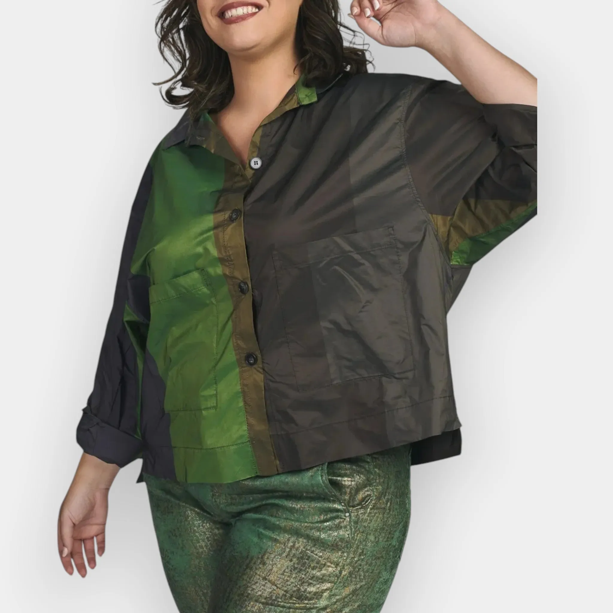 Alembika Green Cropped Boxy Shirt Forest Green Top M ~ AU12-14 [NEW]