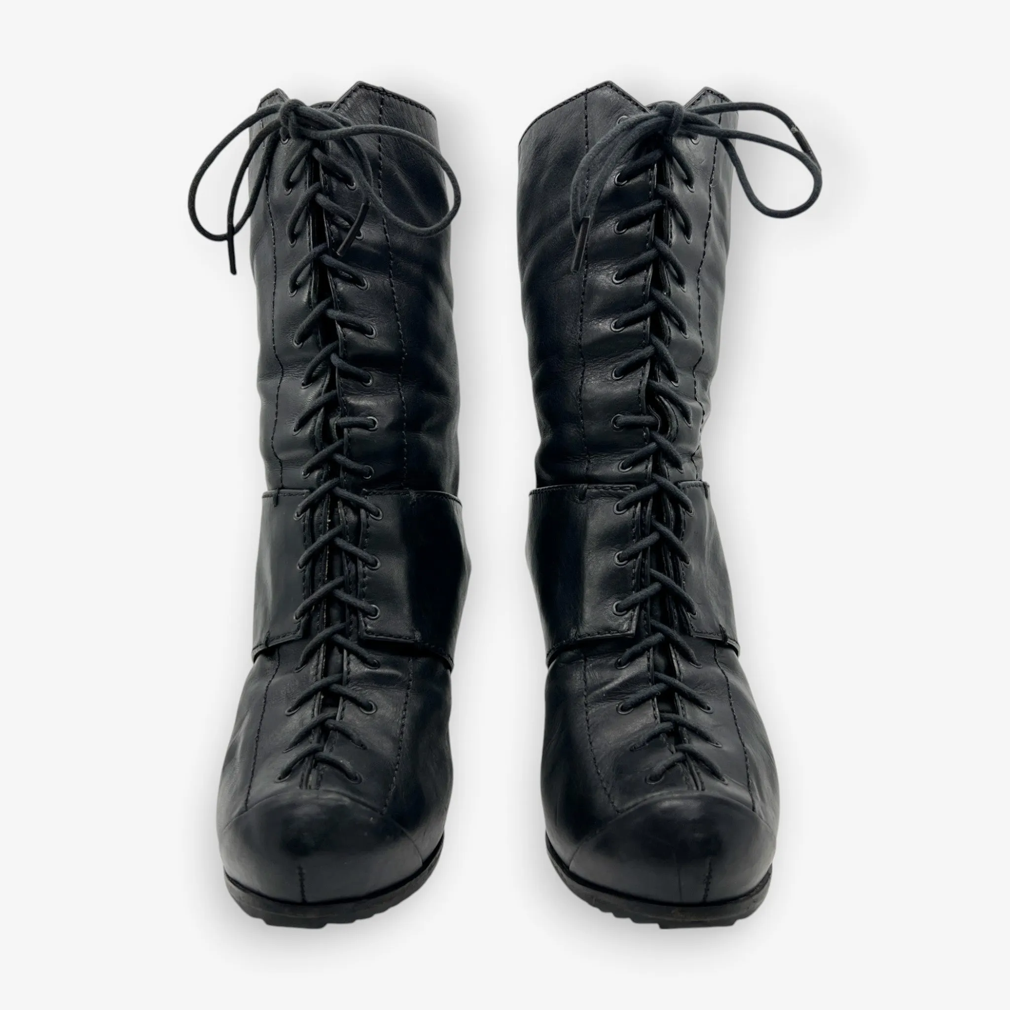 Alexander McQueen Black Leather Lace Up Round Toe Heeled Boots EU40 ~ AU9