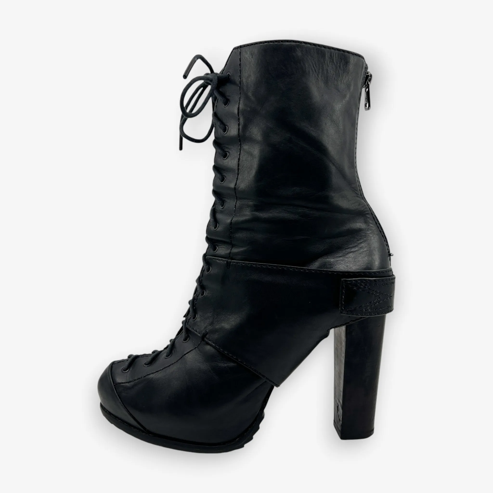 Alexander McQueen Black Leather Lace Up Round Toe Heeled Boots EU40 ~ AU9