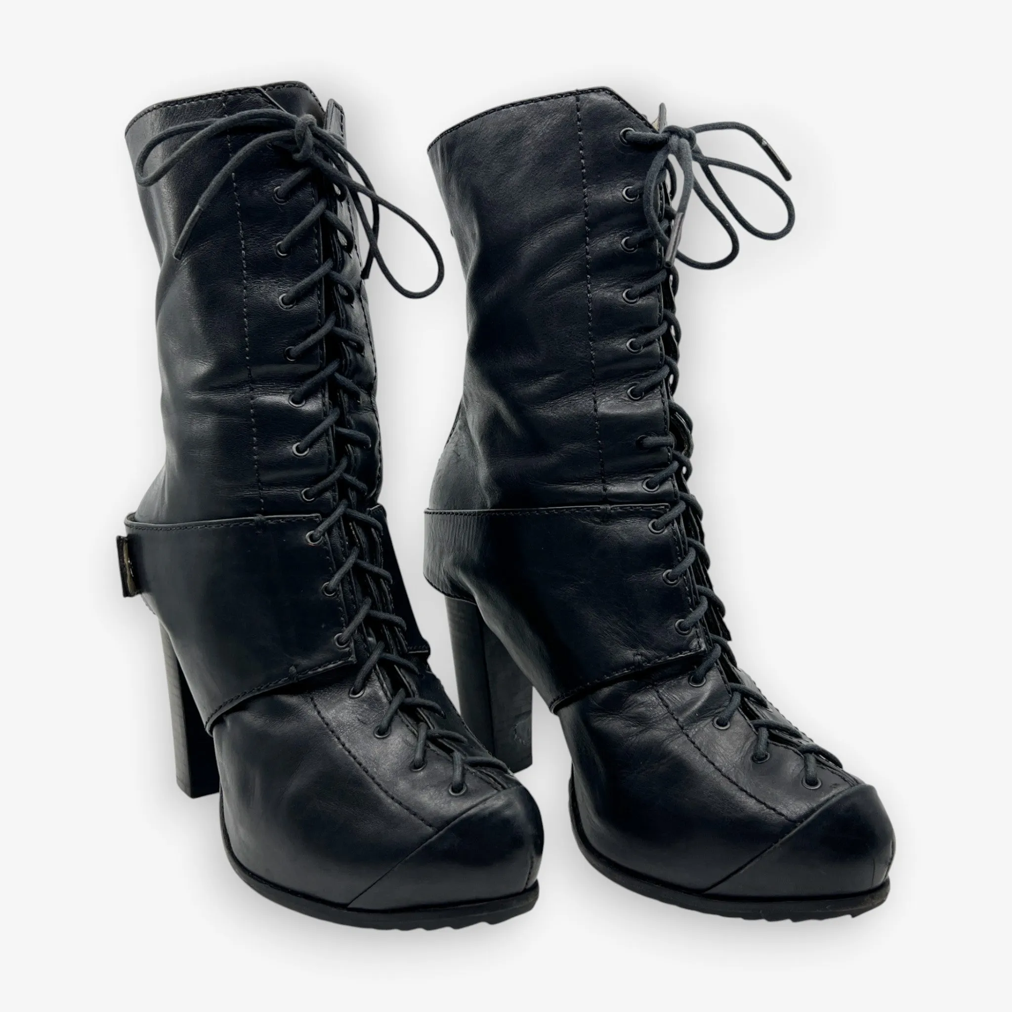 Alexander McQueen Black Leather Lace Up Round Toe Heeled Boots EU40 ~ AU9