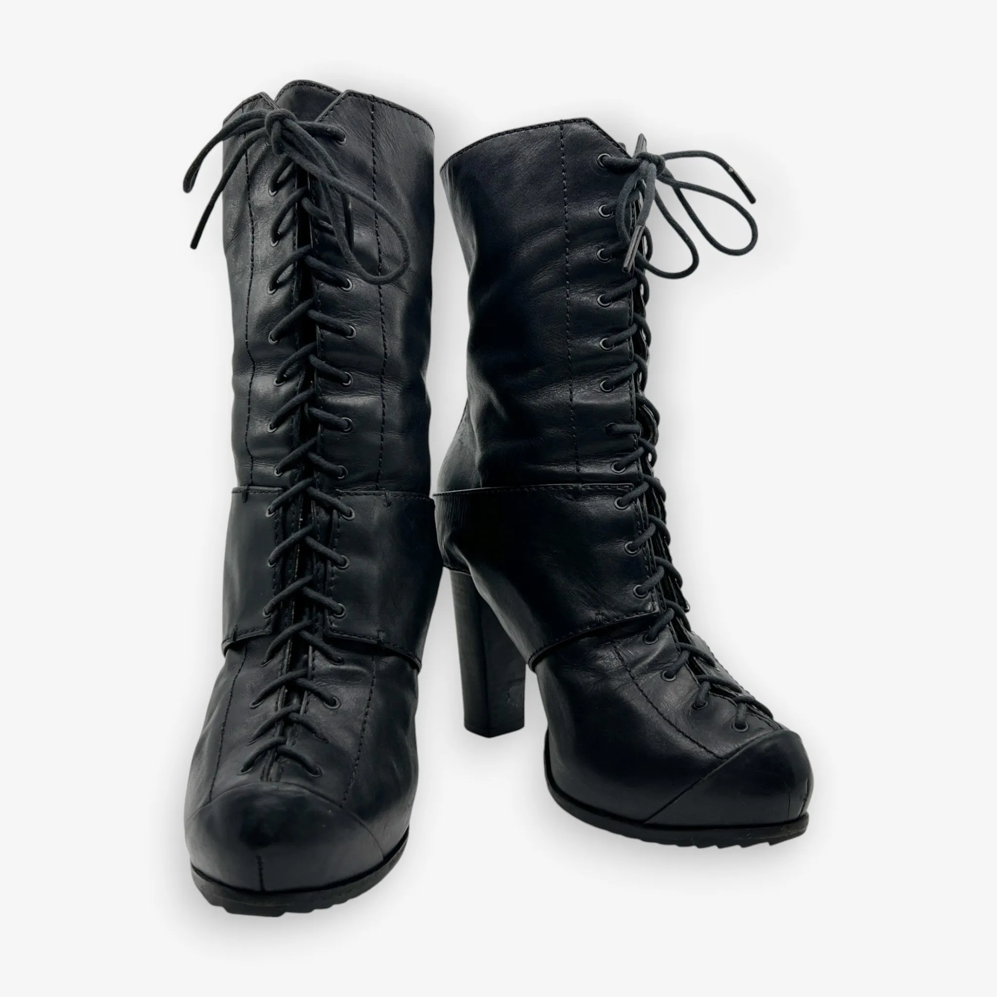 Alexander McQueen Black Leather Lace Up Round Toe Heeled Boots EU40 ~ AU9