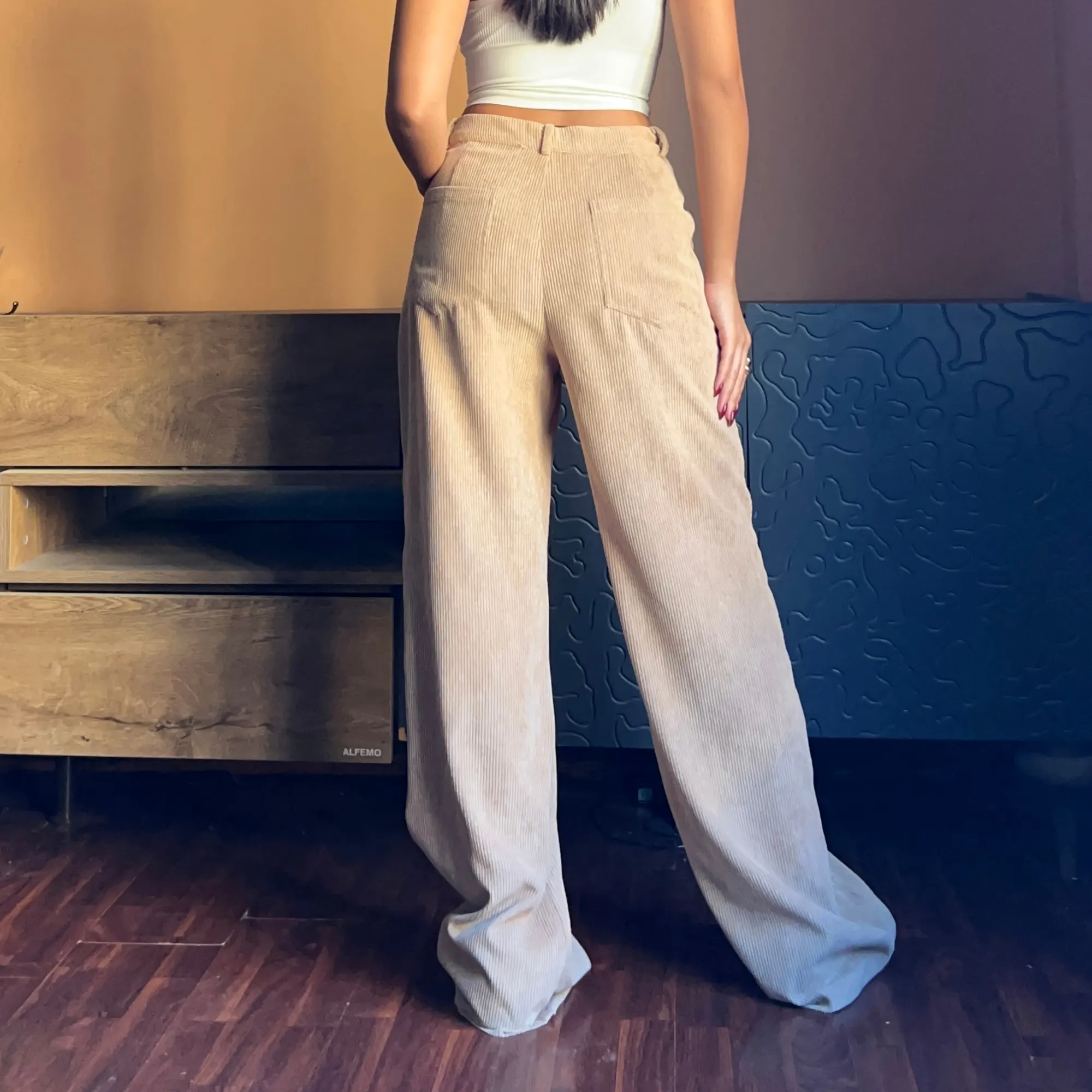 Beige Corduroy Wide-Leg Pants.