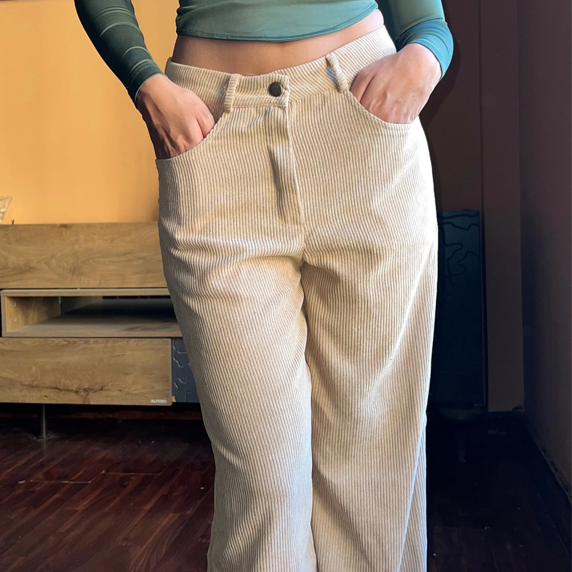 Beige Corduroy Wide-Leg Pants.