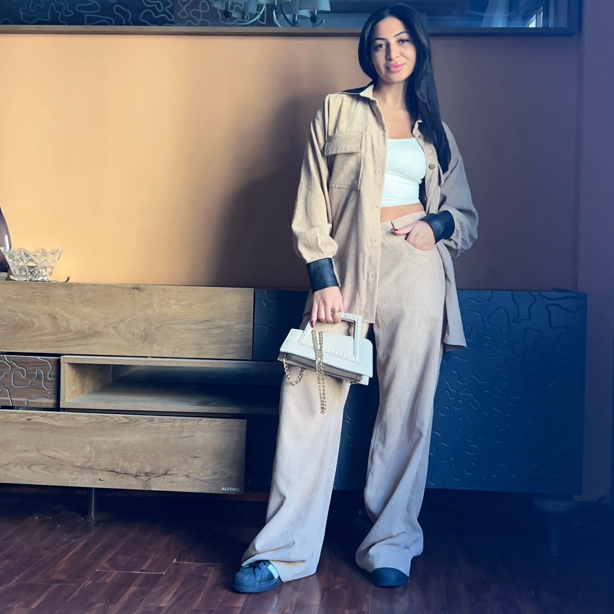 Beige Corduroy Wide-Leg Pants.