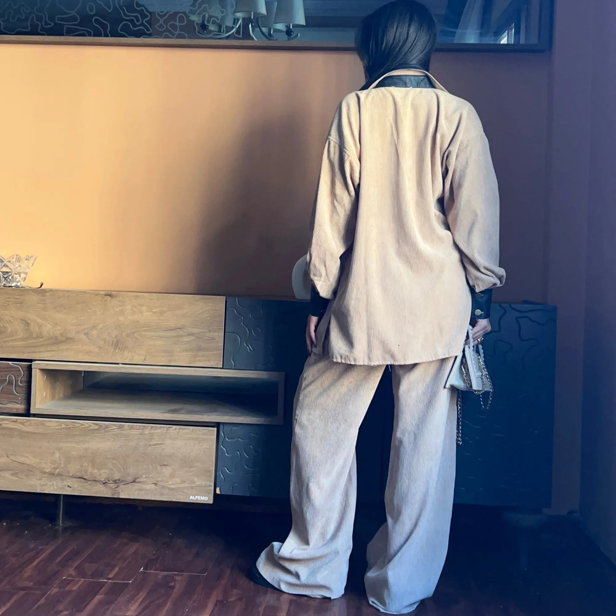 Beige Corduroy Wide-Leg Pants.