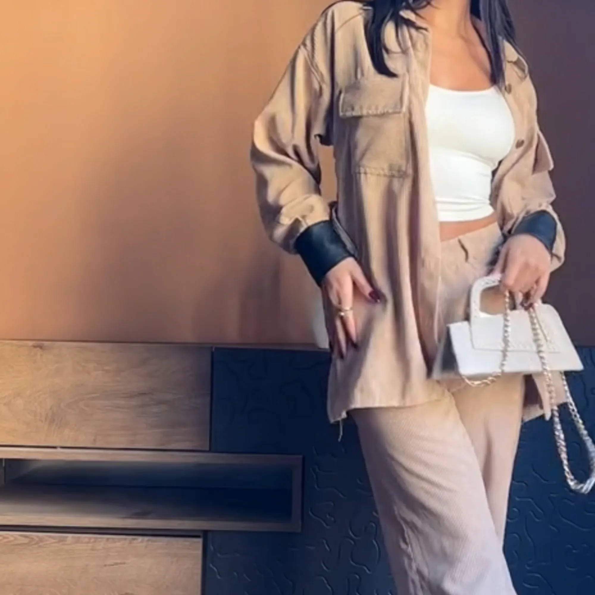 Beige Corduroy Wide-Leg Pants.