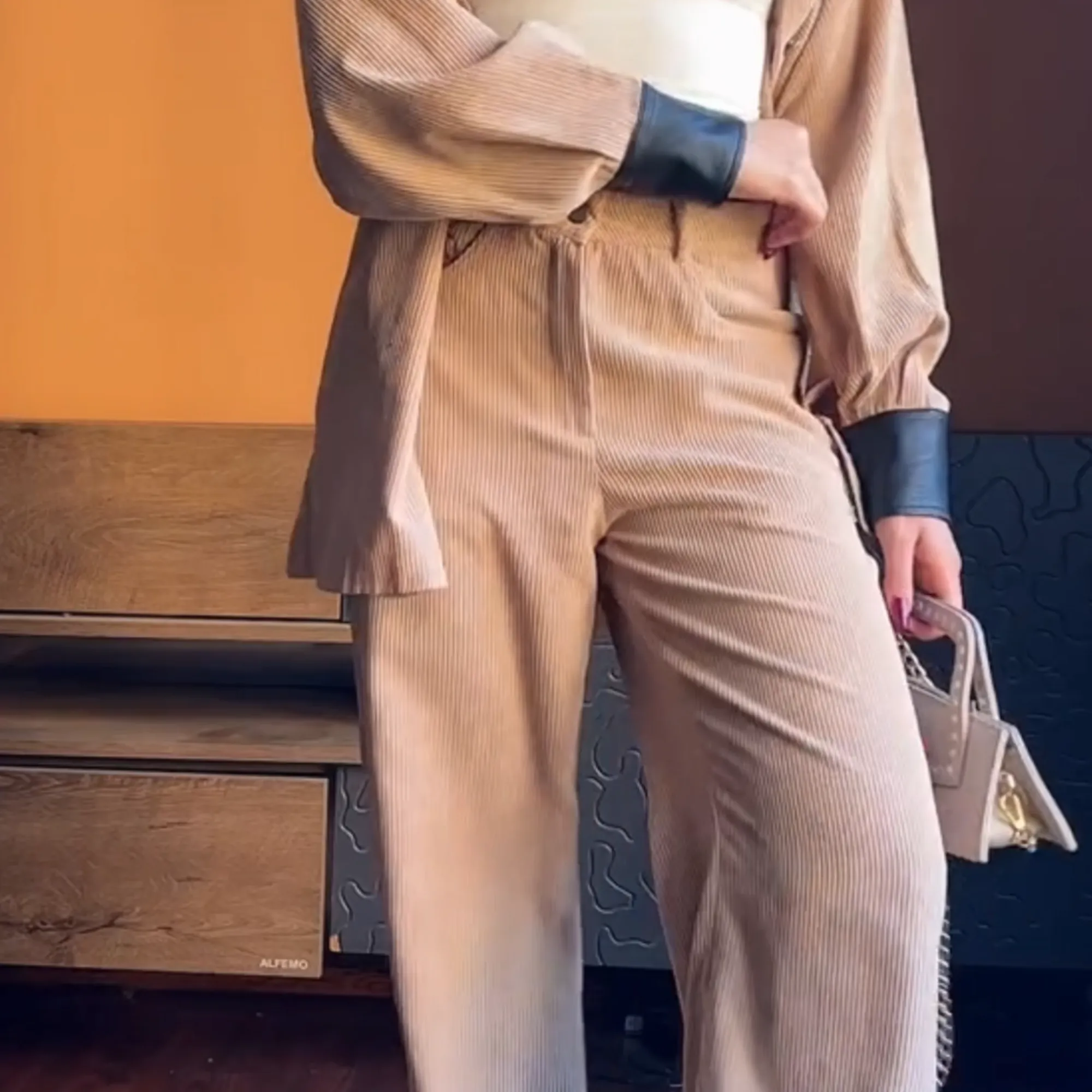 Beige Corduroy Wide-Leg Pants.