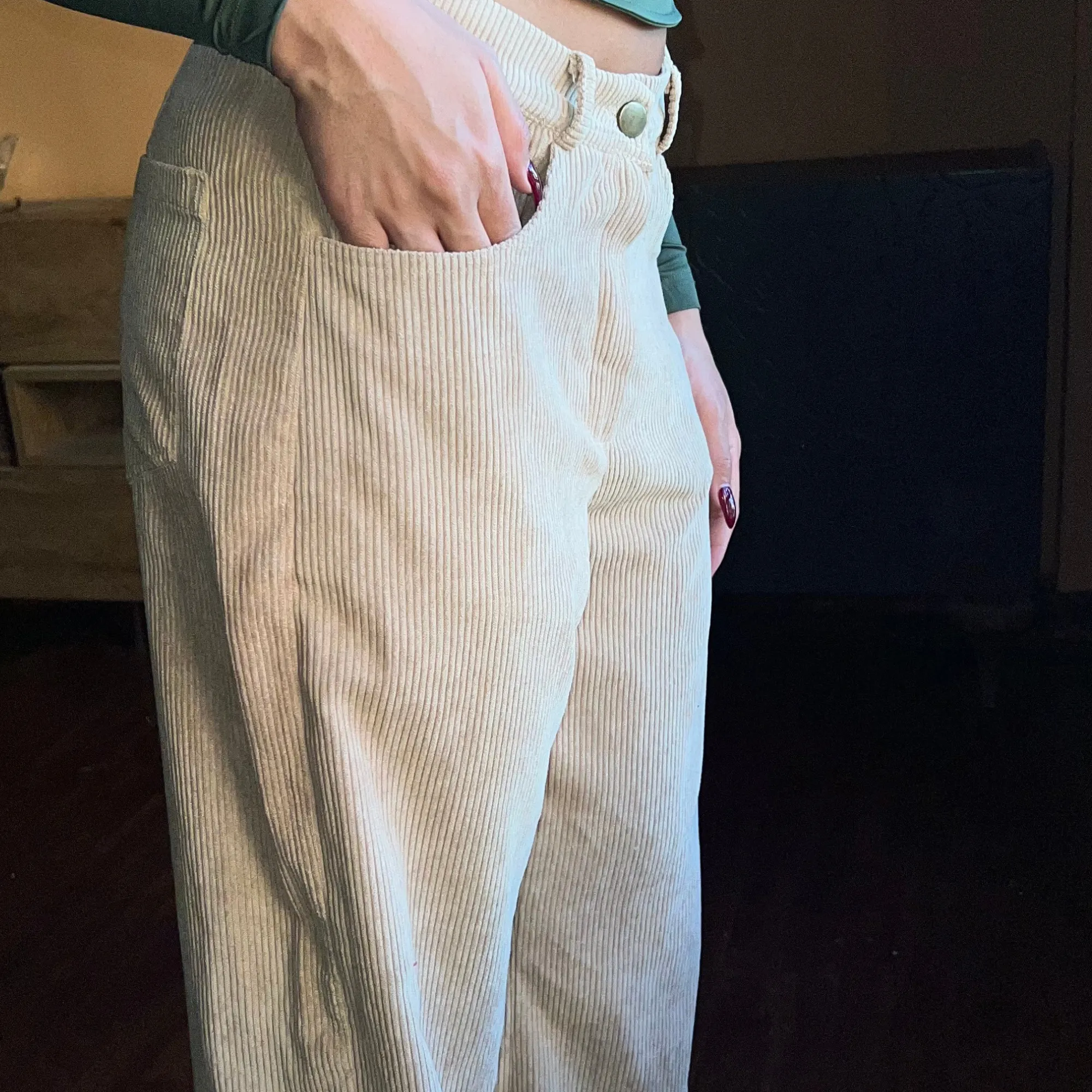 Beige Corduroy Wide-Leg Pants.