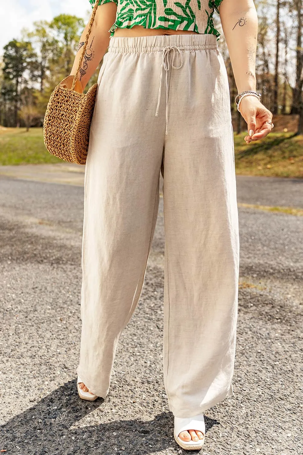 Casual Apricot Linen Pants with Drawstring