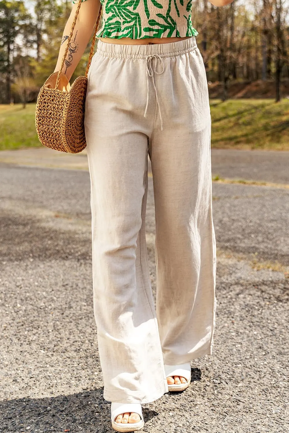Casual Apricot Linen Pants with Drawstring