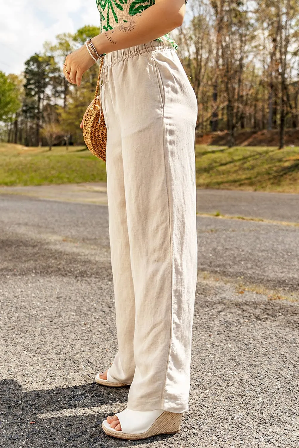 Casual Apricot Linen Pants with Drawstring