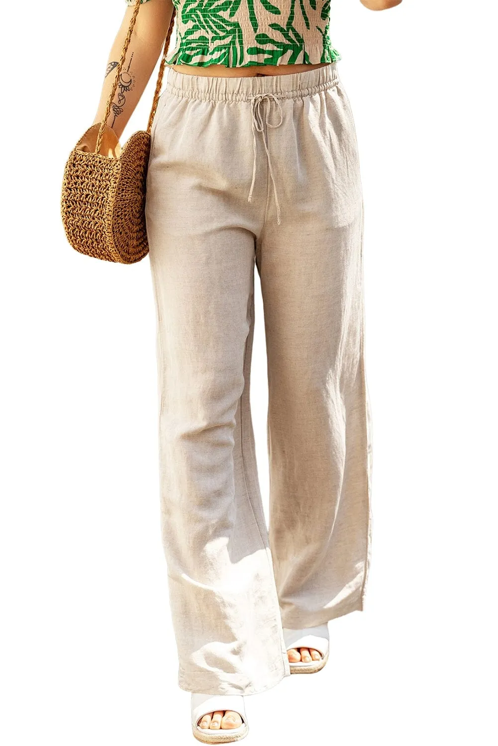 Casual Apricot Linen Pants with Drawstring