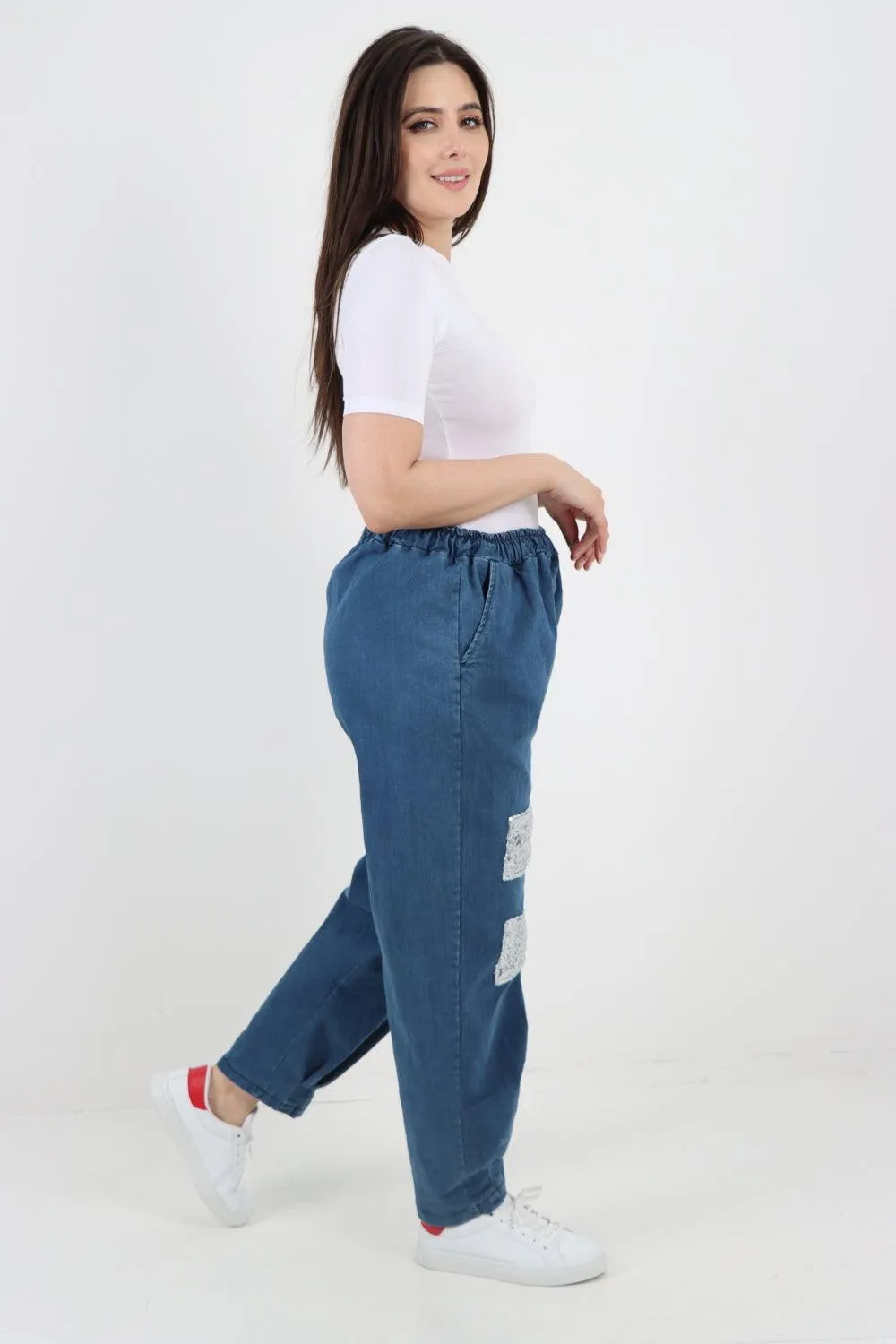 Denim Look Sequin Detail Trouser