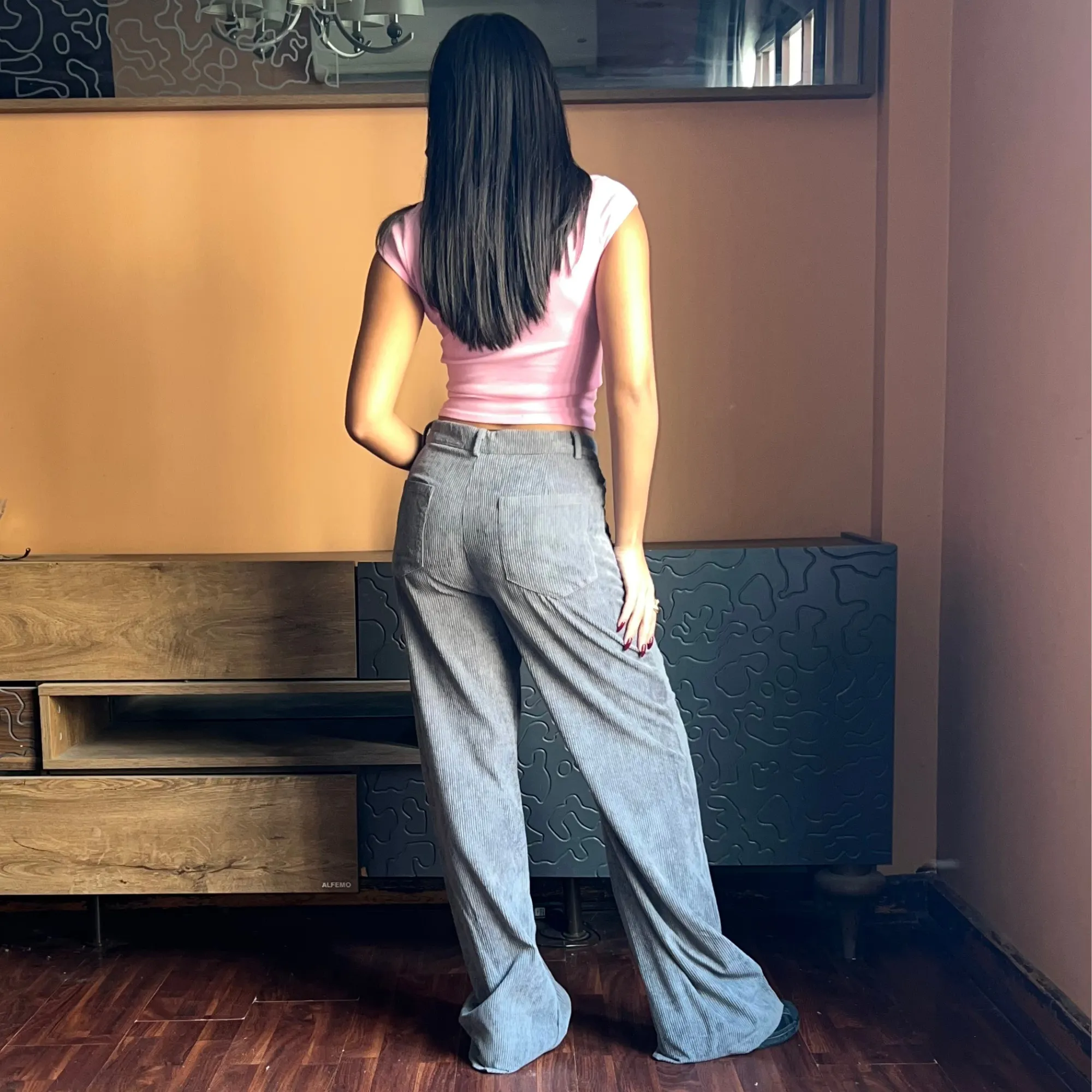 Gray Corduroy Wide-Leg Pants