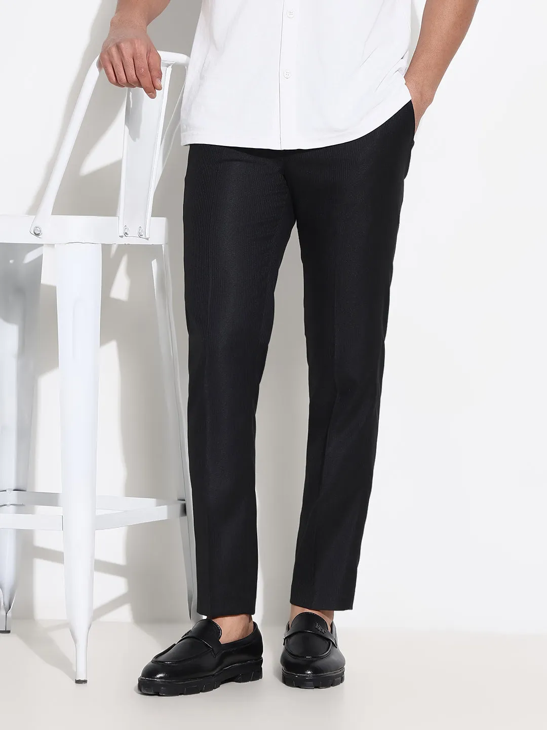 Men Black Striped Formal Trousers