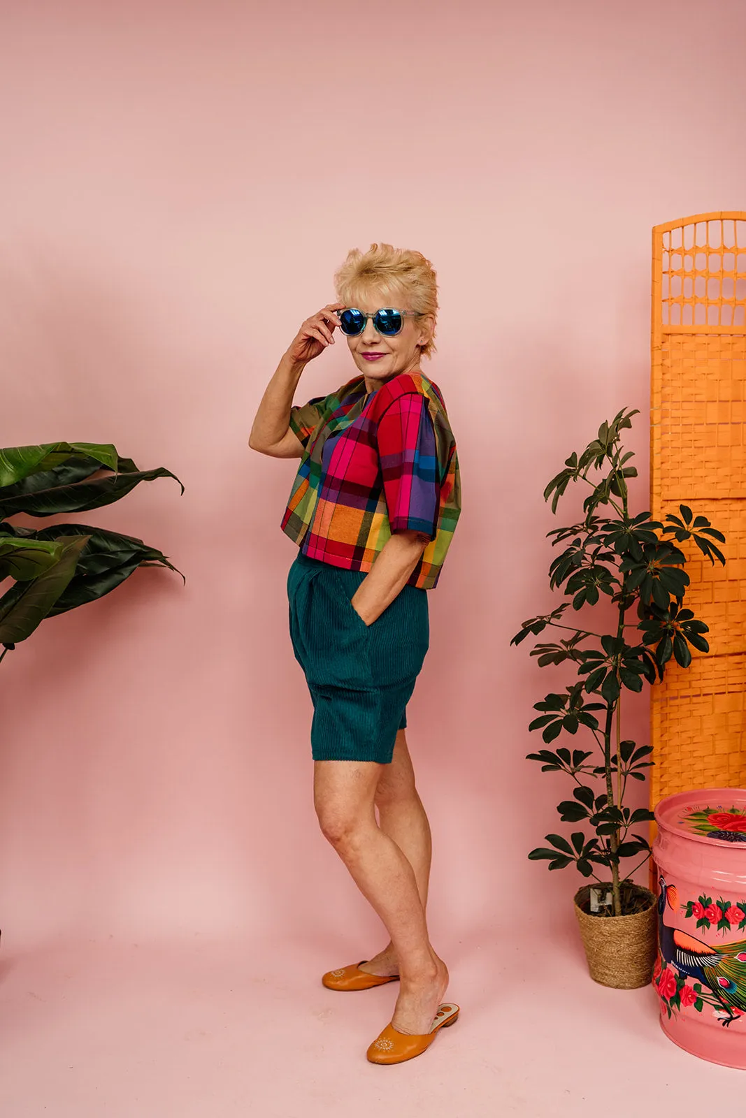 Pleated Shorts in Teal Cord