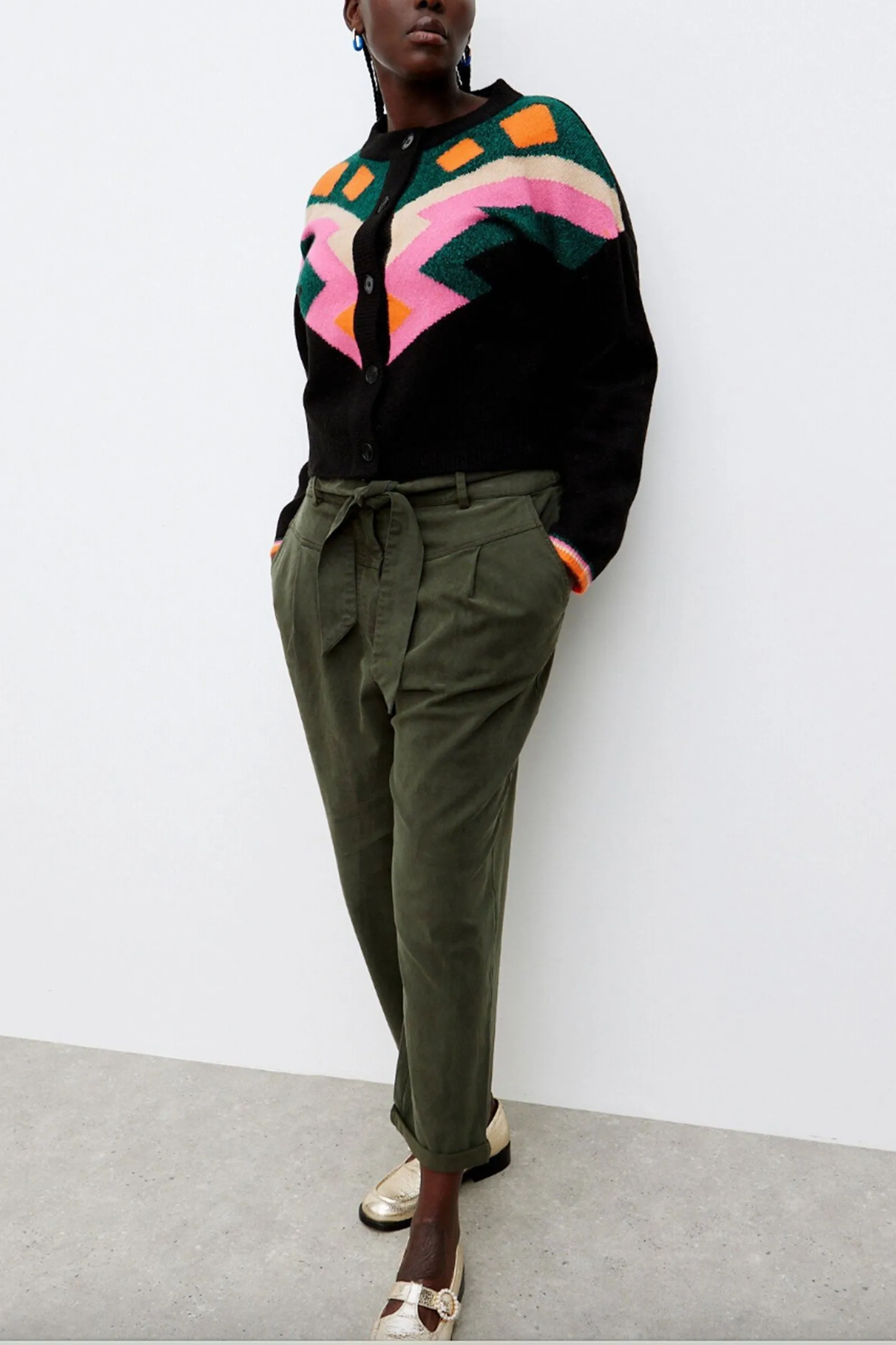 Tie Waist Dark Green Tapered Leg Trousers