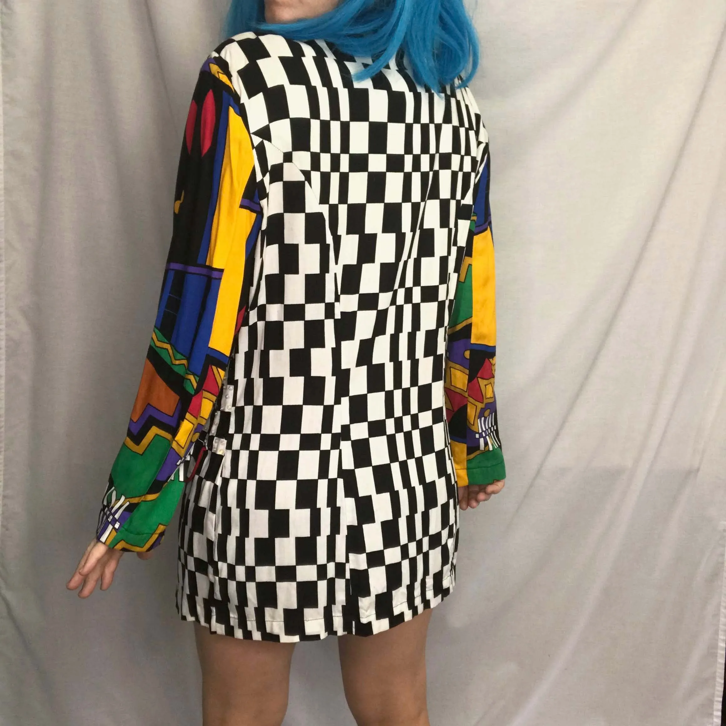 VTG 80s 90s Wild Abstract Checker Art Deco Rainbow Sequin Embellished Blazer S