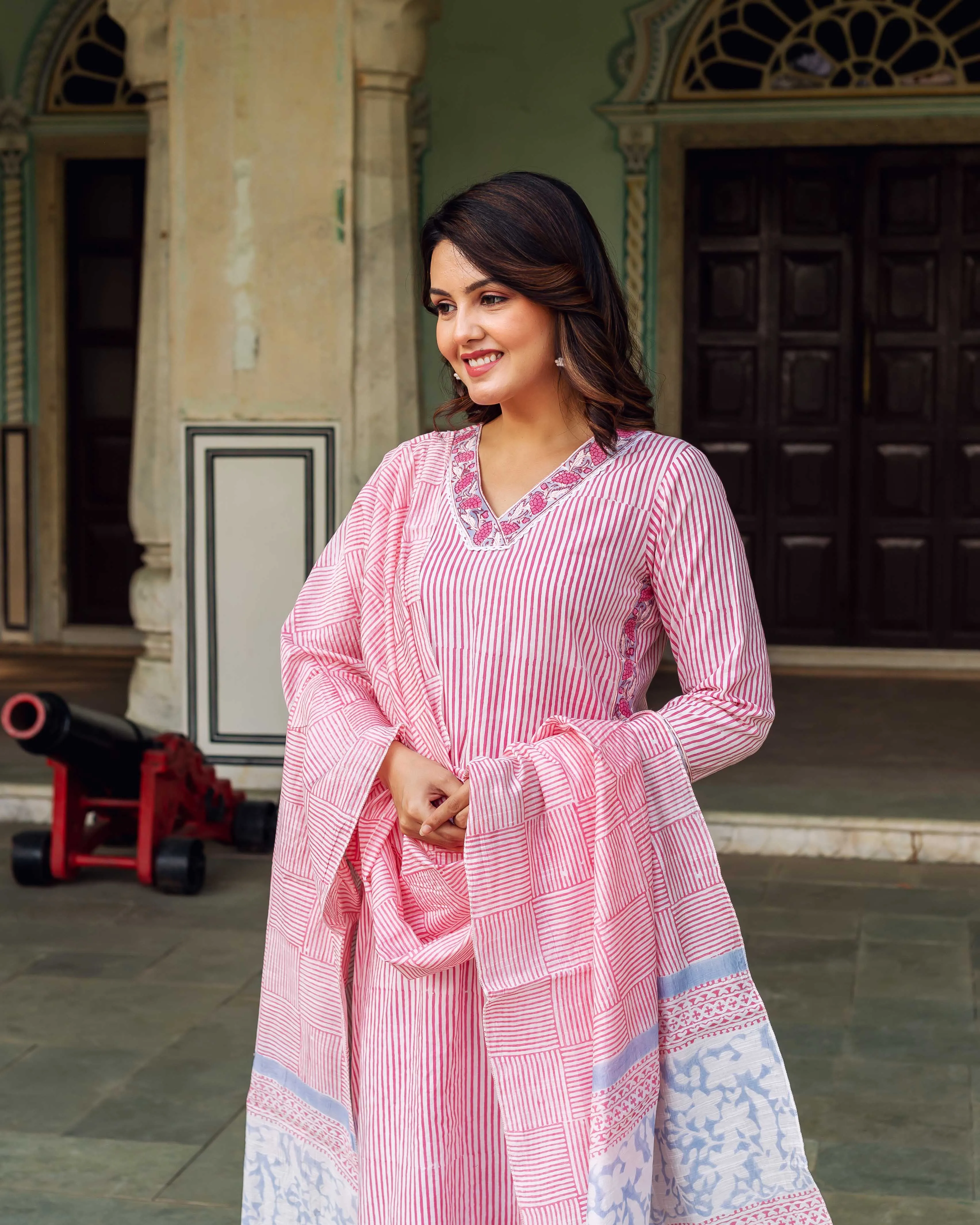 White and Pink Stripe Elegance Kurta