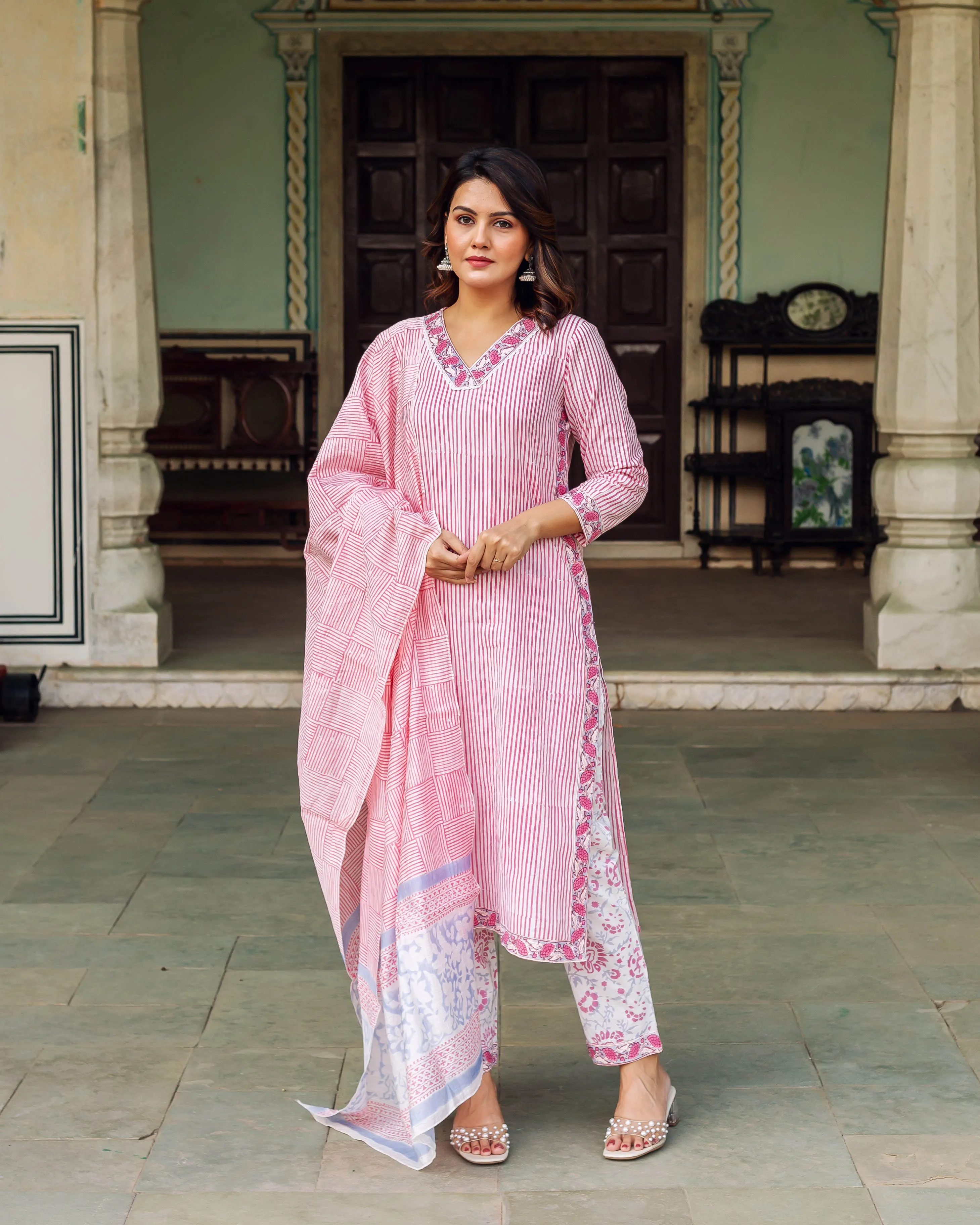 White and Pink Stripe Elegance Kurta