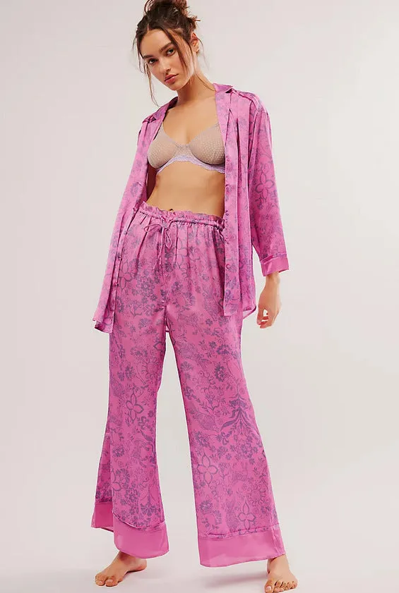 Womens Pajama Set  Silk  Relaxed Fit  Button-Up Top  Wide-Leg Printed Pants