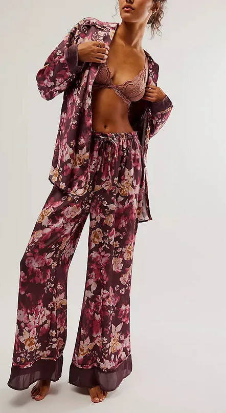 Womens Pajama Set  Silk  Relaxed Fit  Button-Up Top  Wide-Leg Printed Pants