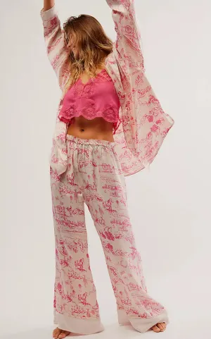 Womens Pajama Set  Silk  Relaxed Fit  Button-Up Top  Wide-Leg Printed Pants